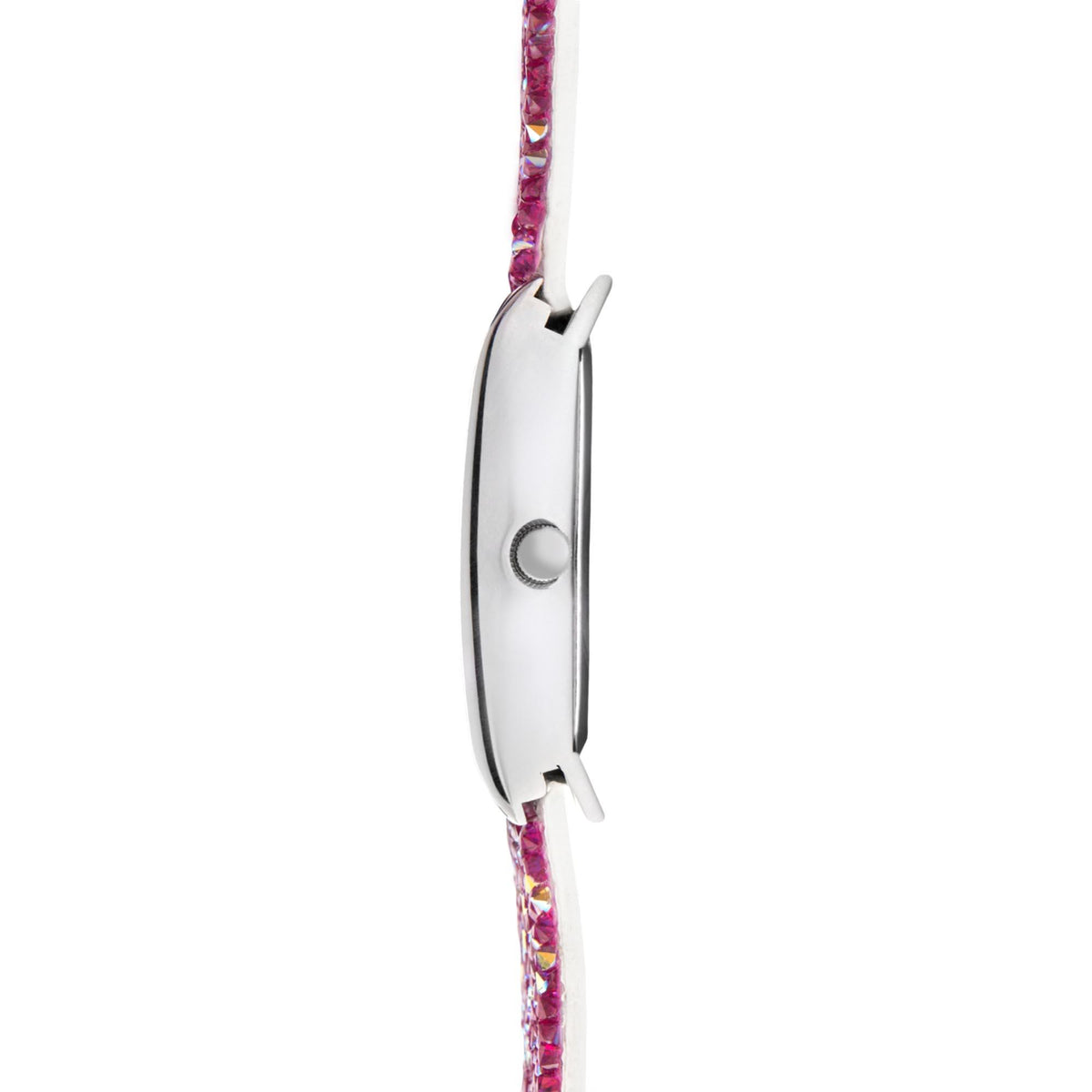 Seksy ladies watch side view with silver case, crown, and pink purple rhinestone strap