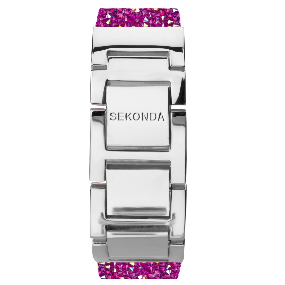 Seksy ladies watch clasp close-up with engraved SEKONDA on silver case and rhinestone strap