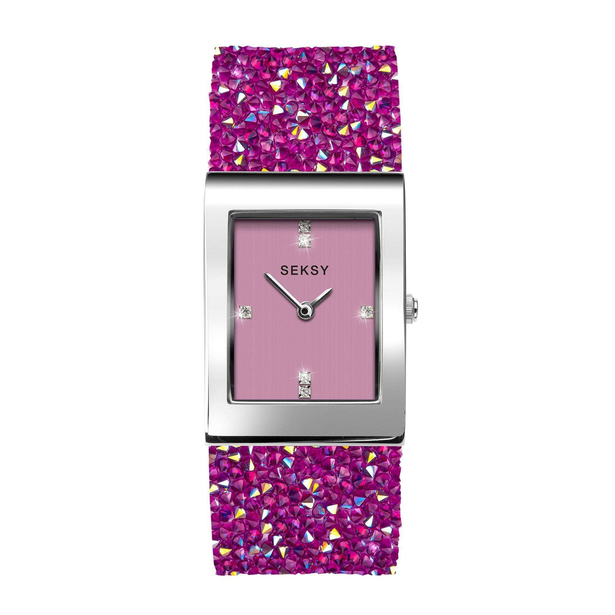 Seksy ladies square quartz watch with pink dial, crystal rhinestone strap and silver bezel