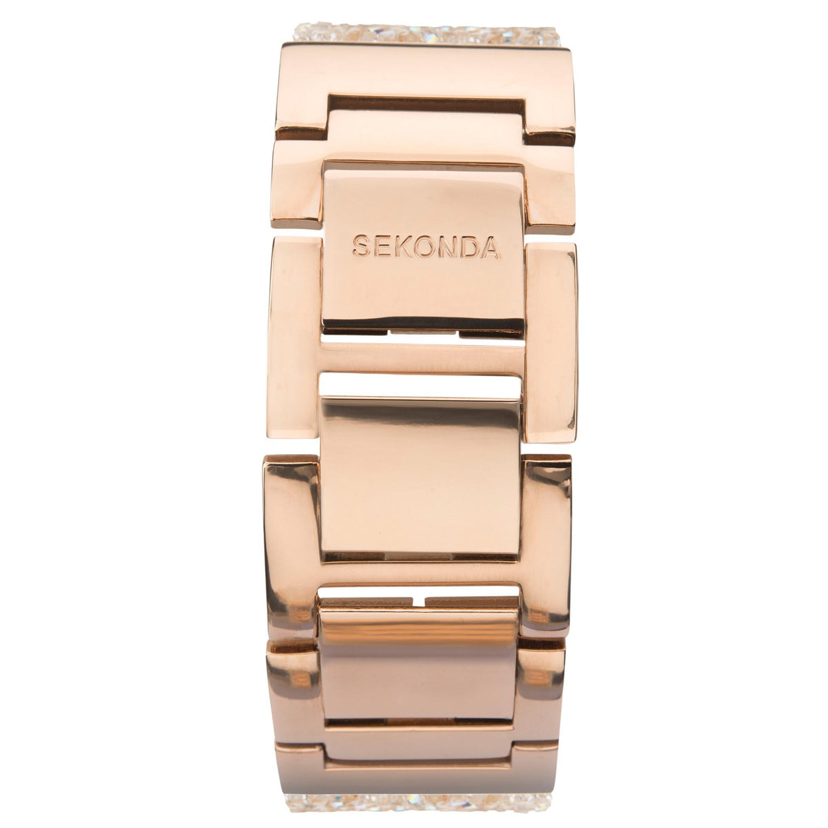 Rose gold watch case back with engraved SEKONDA and linked bracelet band