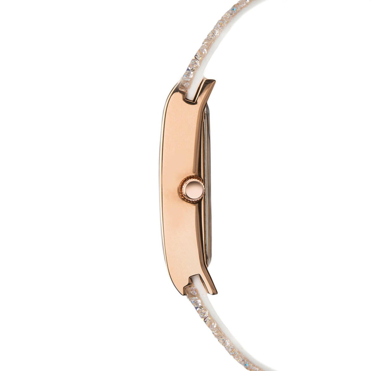 Rose gold watch side profile with crown and sparkling glitter bracelet strap edge