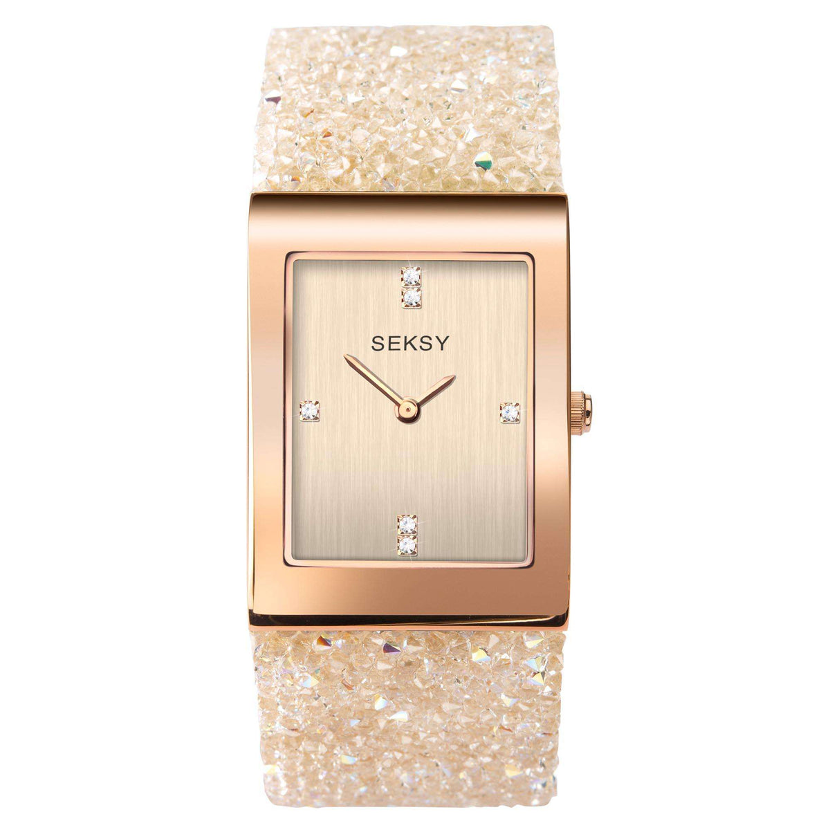 Rose gold rectangular quartz watch face with crystal indices and right-side crown on glitter strap