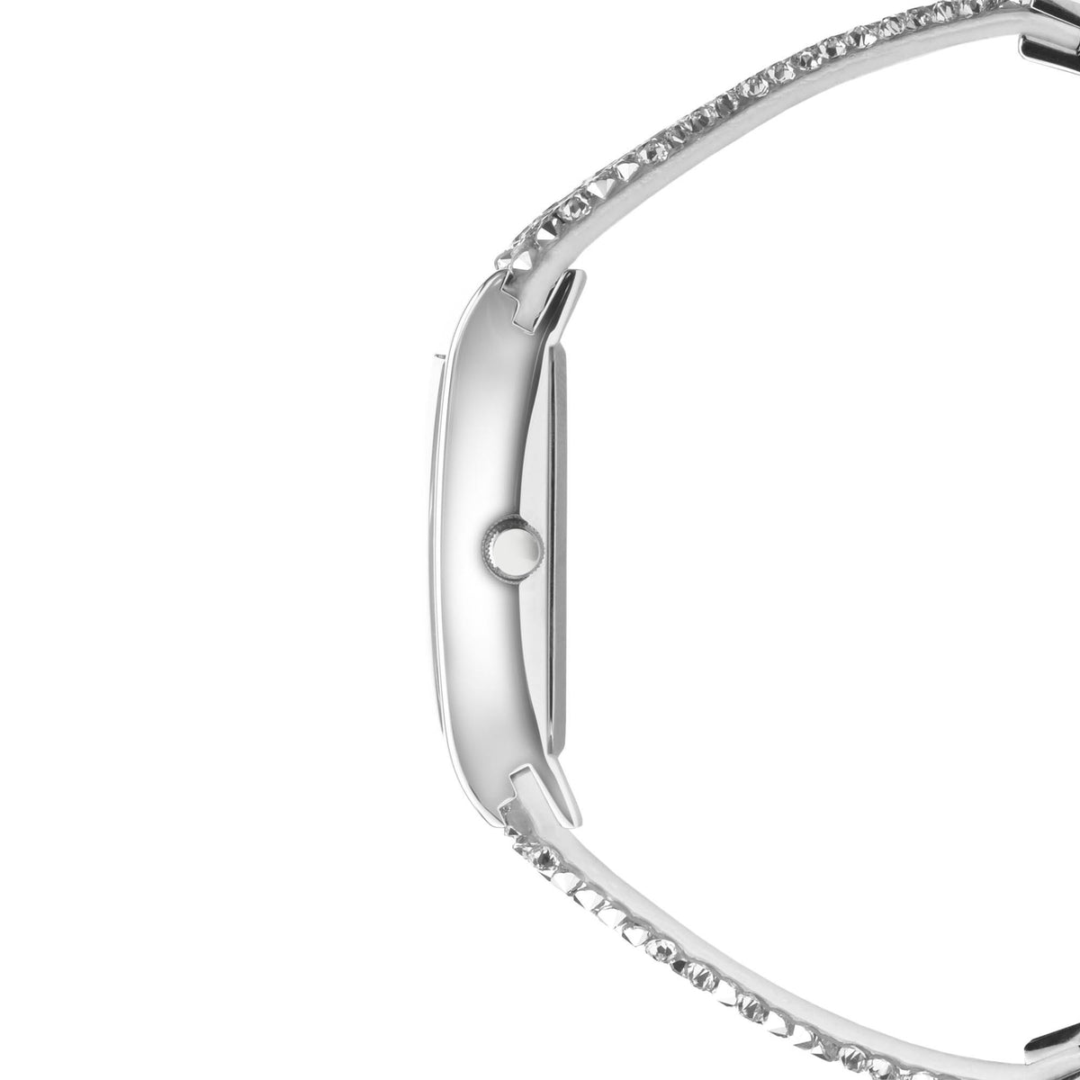 Silver-tone rhinestone bracelet watch band with rounded links and set stone edge