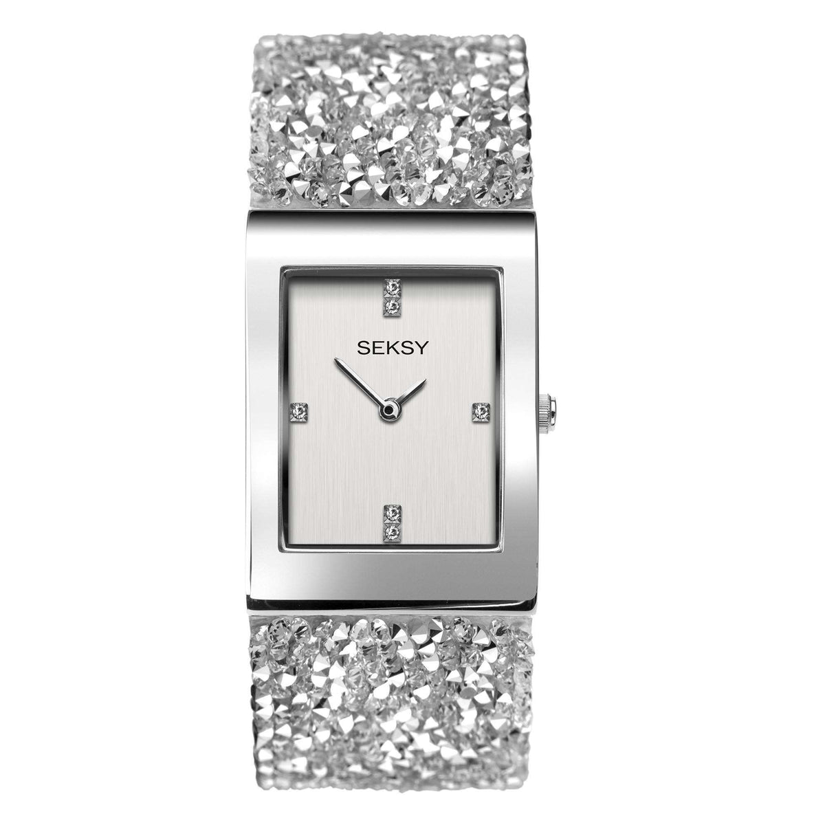 Ladies quartz wristwatch with square face, silver-tone frame, and sparkling stone bezel