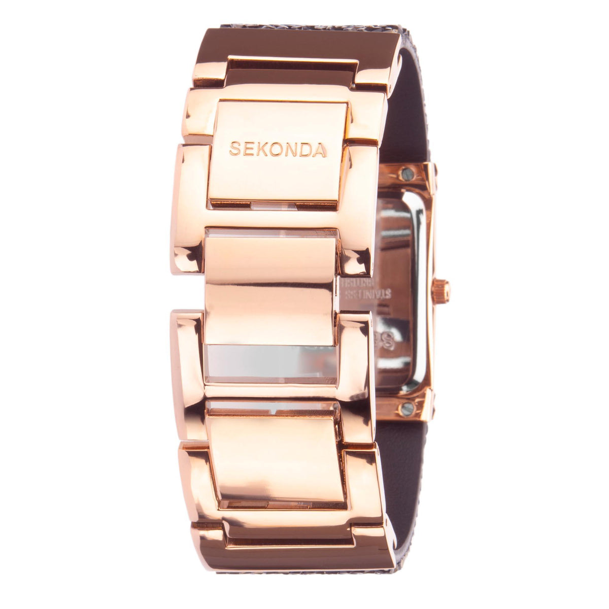Rose-gold watch case and black textured bracelet, side view with crown detail