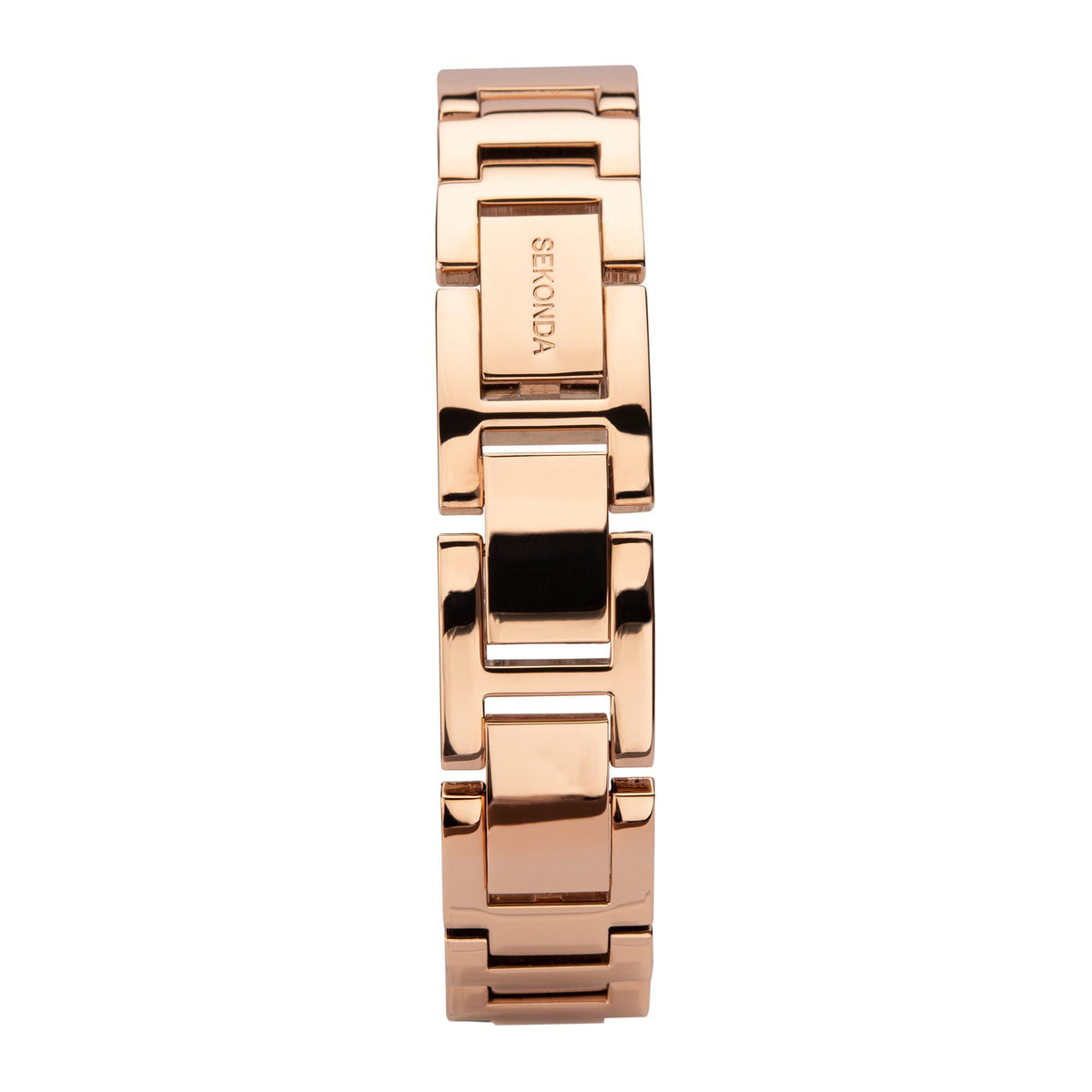 Seksy rose gold metal wristwatch with rectangular case and gleaming link bracelet, back view