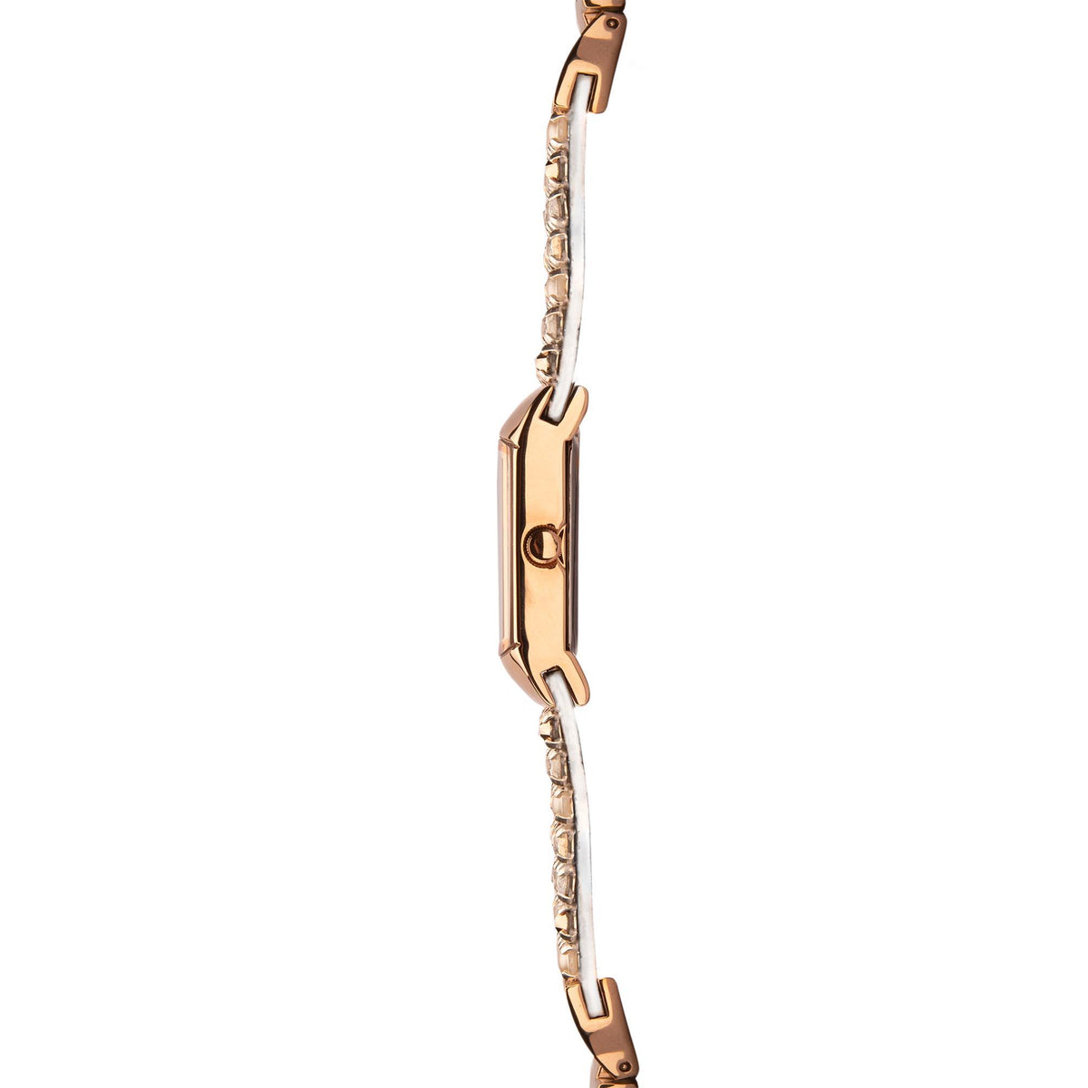 Seksy rose gold watch case side with crown and rectangular lugs on metal link bracelet