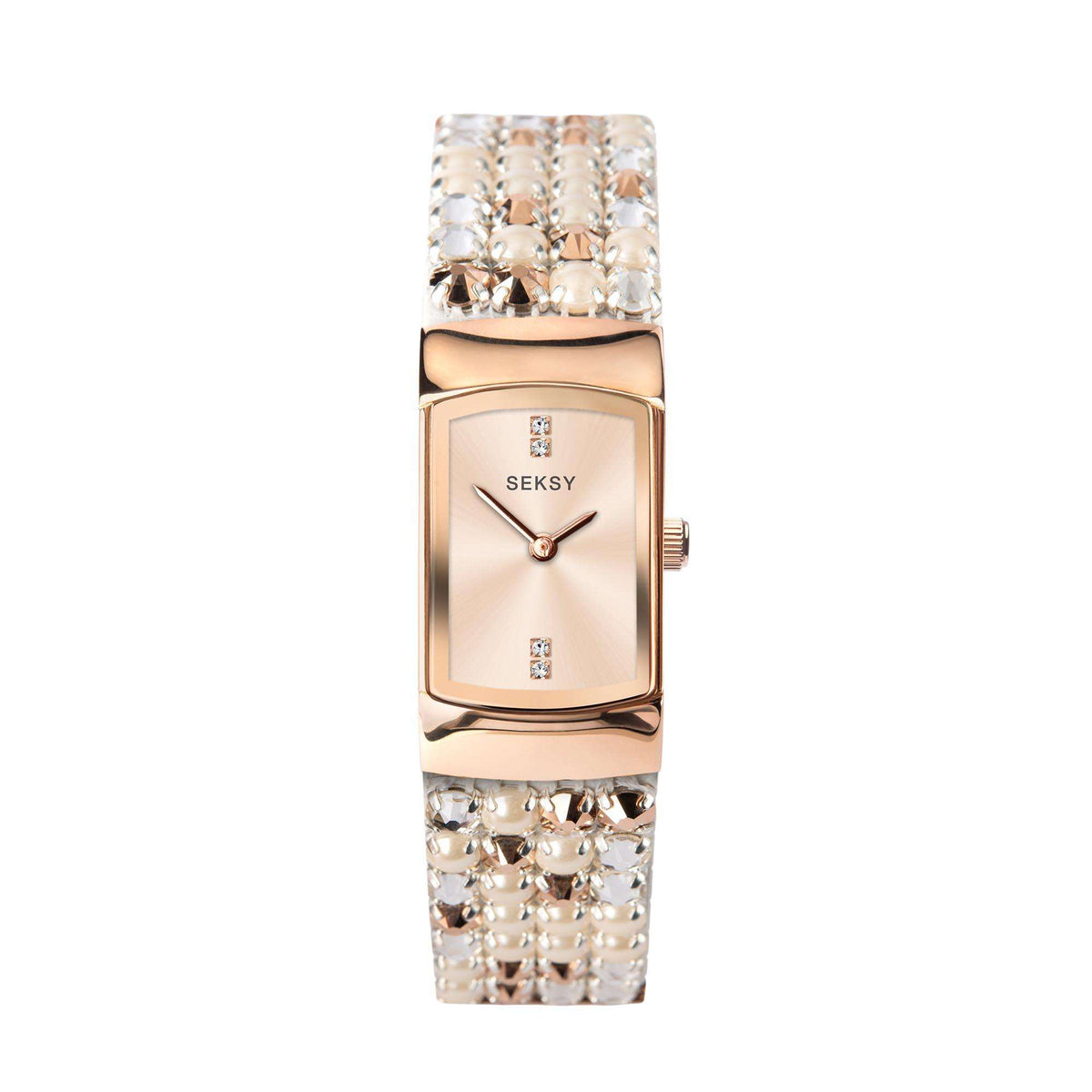 Seksy rose gold ladies watch with rectangular dial, crystal hour markers, and link bracelet