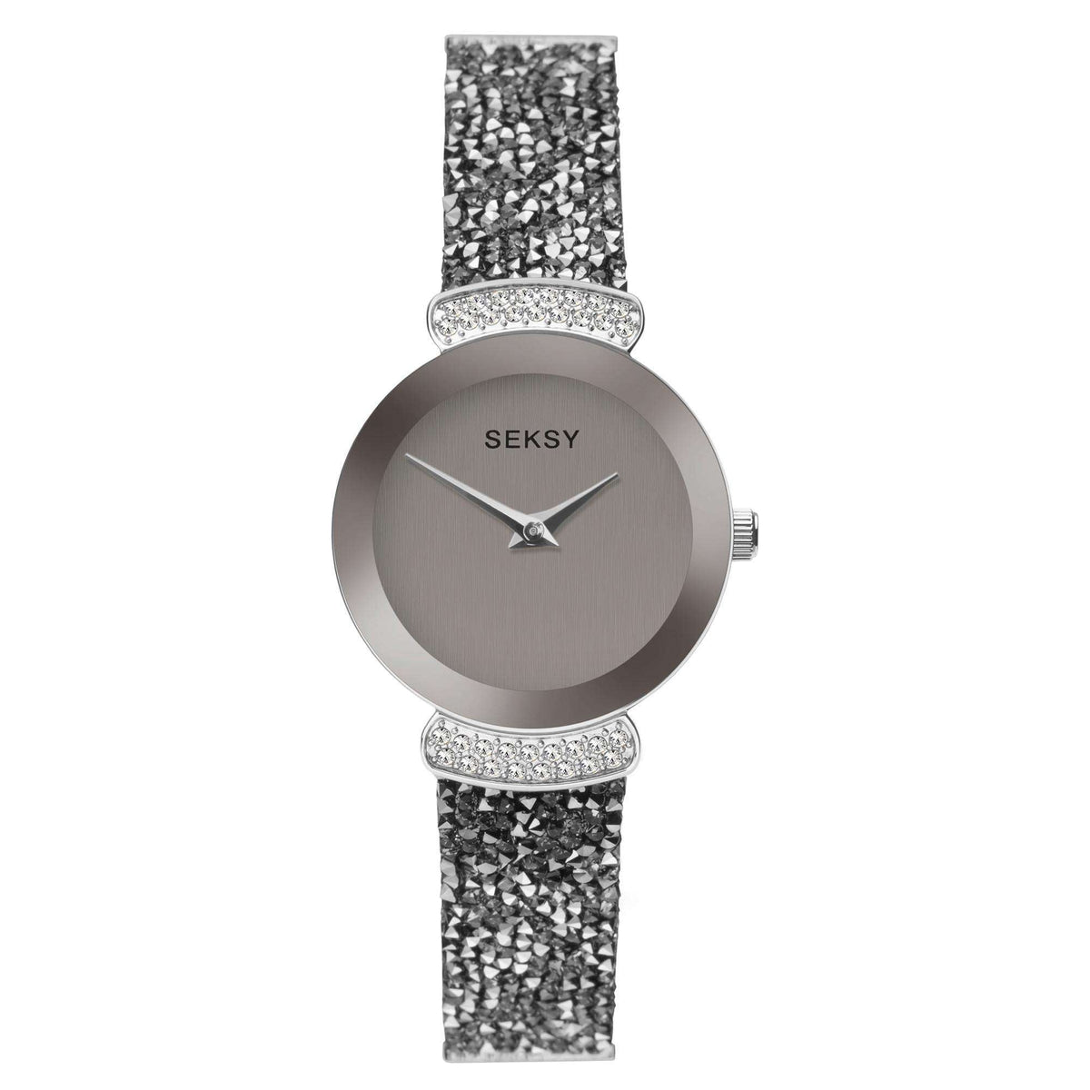 Ladies quartz watch with gray dial, crystal-studded bezel, and glitter mesh strap