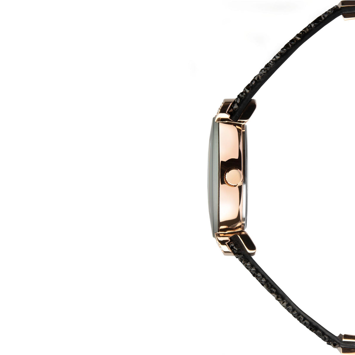 Rose-gold case side of ladies quartz watch with black textured strap and buckle