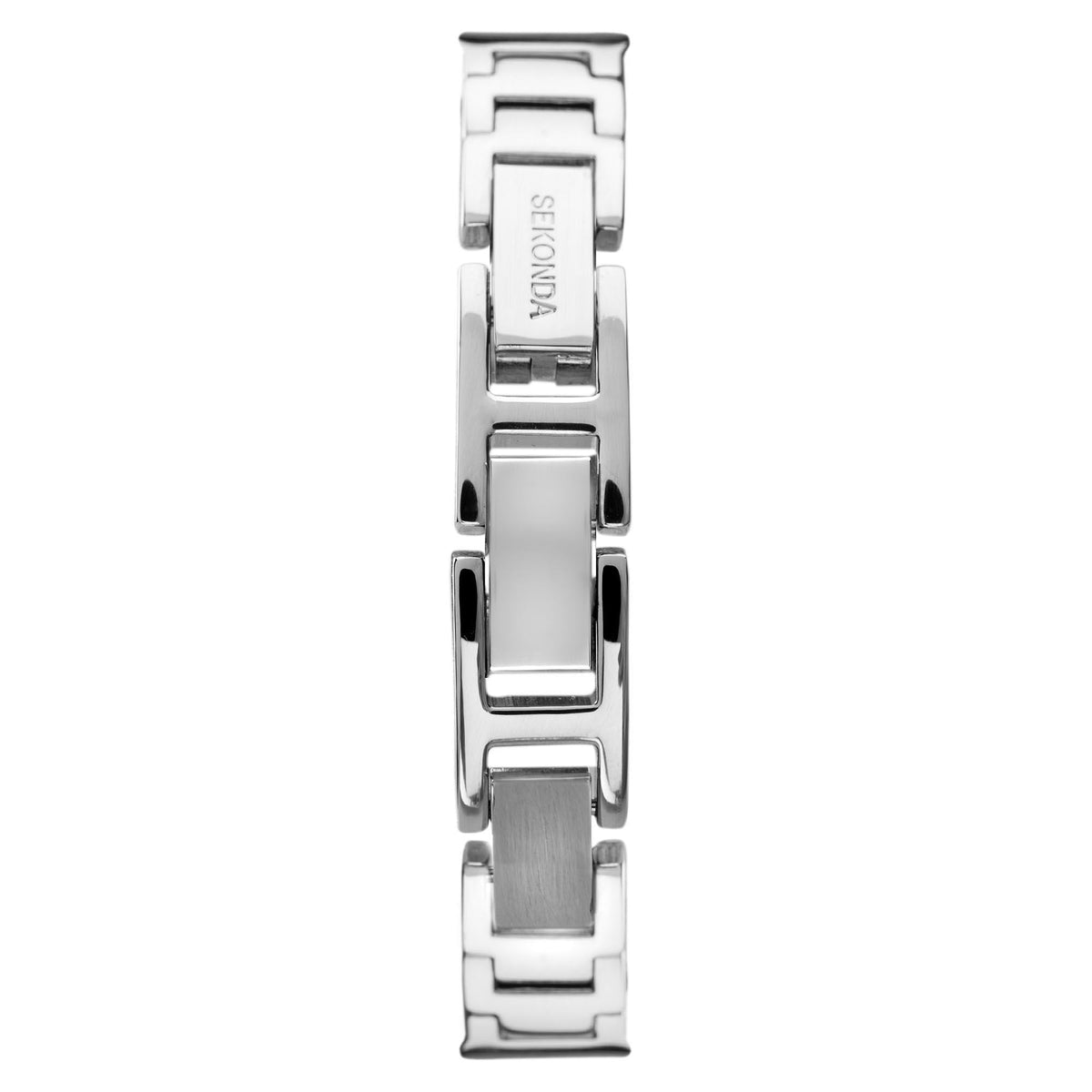 Silver linked bracelet clasp with SEKSY logo and rectangular connector for watch.