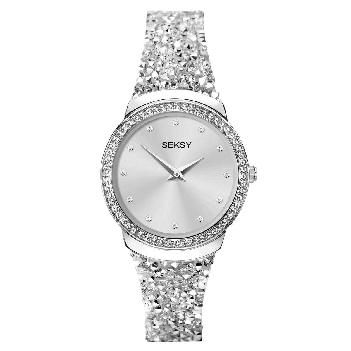 Ladies quartz bracelet watch, silver dial with three hands and rhinestone bezel, crystal band.