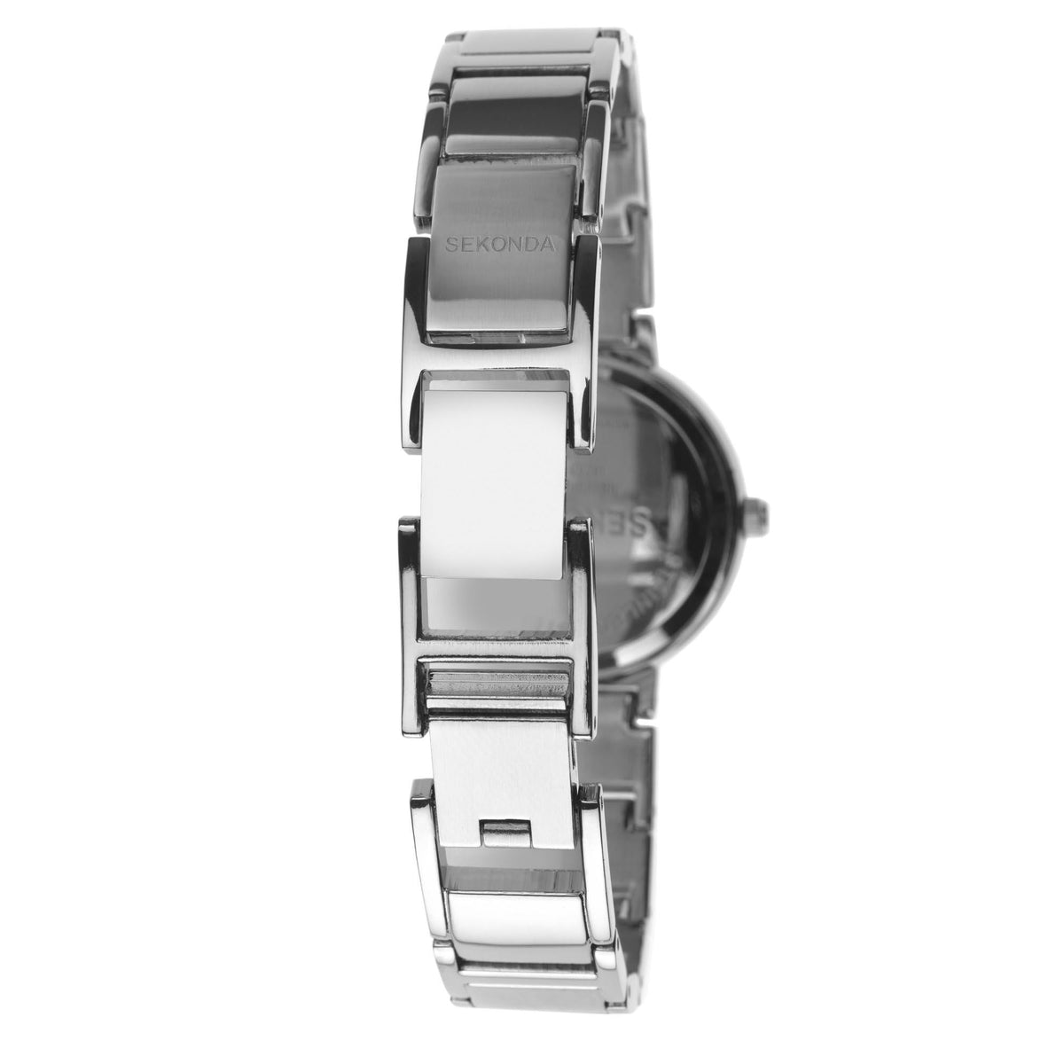 Silver ladies quartz wristwatch side view with crown and polished link bracelet