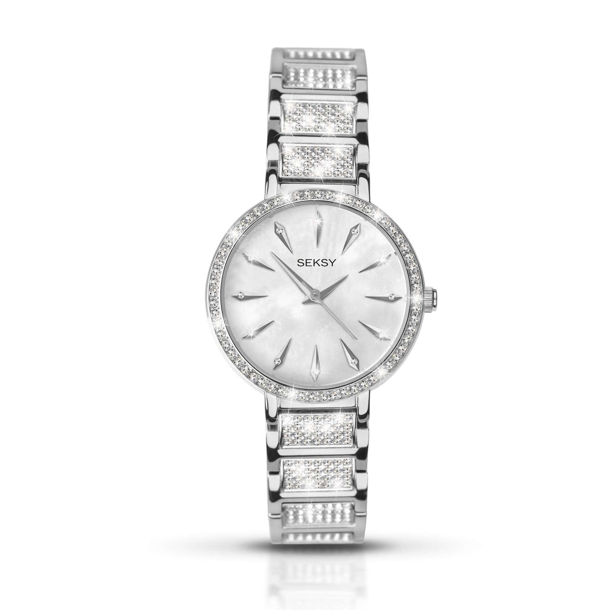 Silver ladies quartz watch with silver dial and jeweled bezel, faceted link bracelet