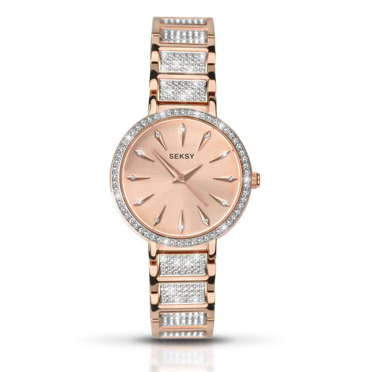 Rose gold-tone quartz watch with pink dial, crystal-accent bezel, and jeweled bracelet