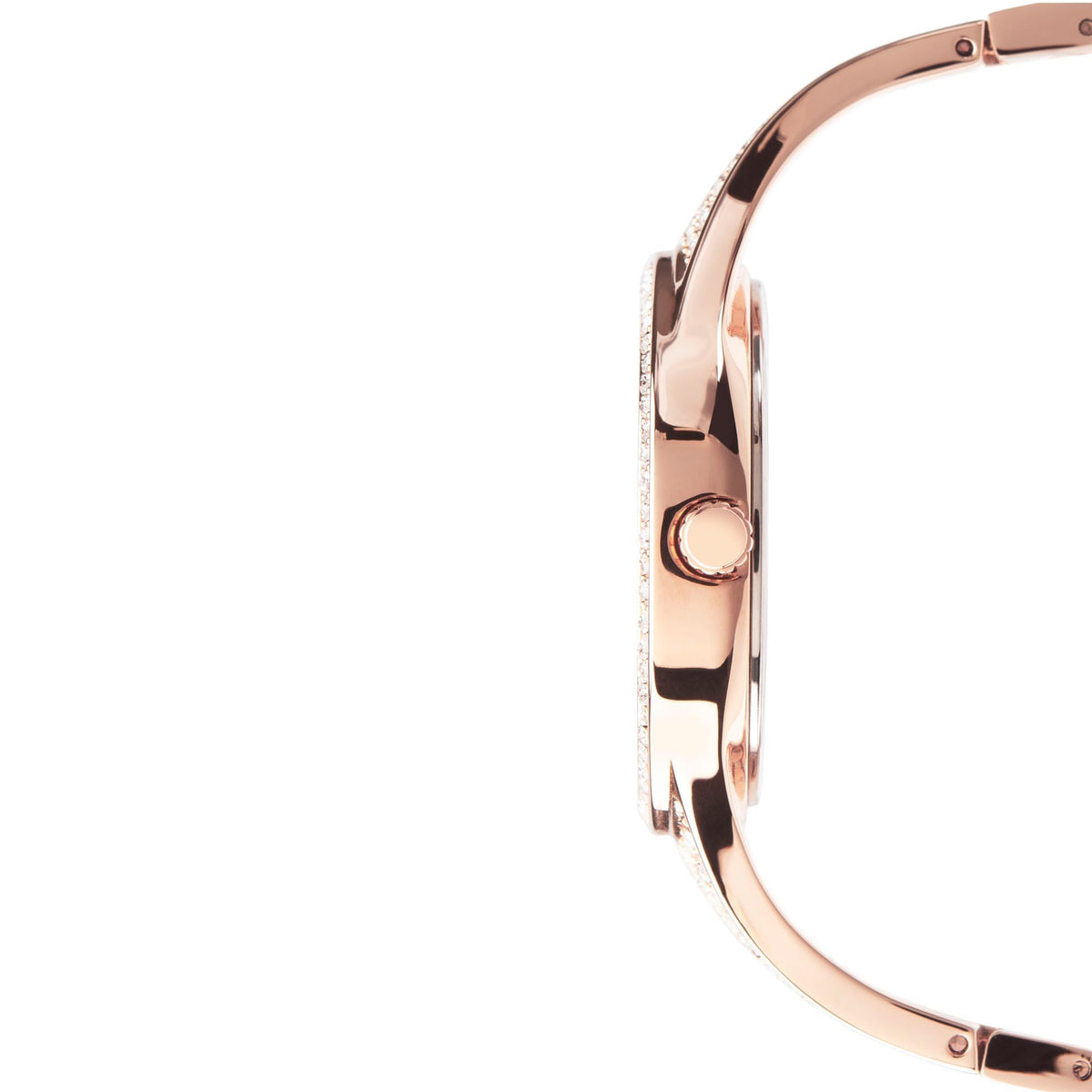 Rose gold watch side view with crown and polished bracelet links