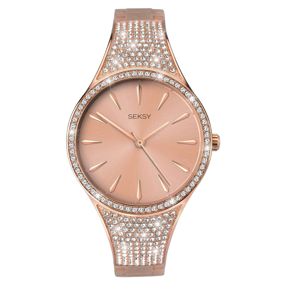 Rose gold quartz watch with peach dial, slim hands, crystal-studded bezel