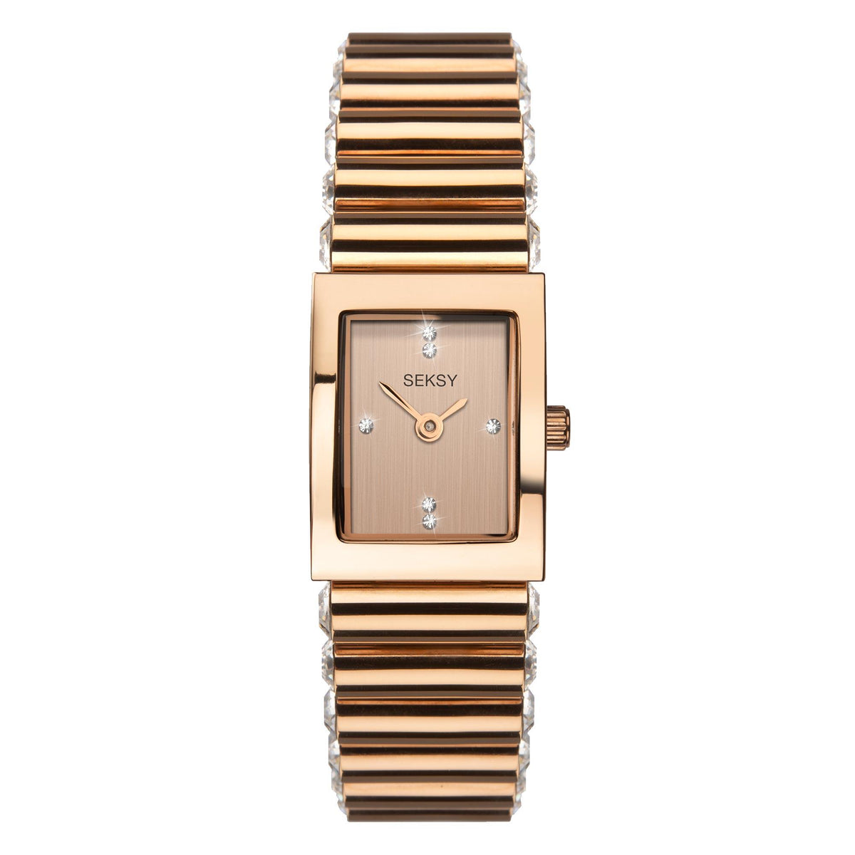 Rose gold ladies quartz bracelet watch with square pink-toned dial and crystals