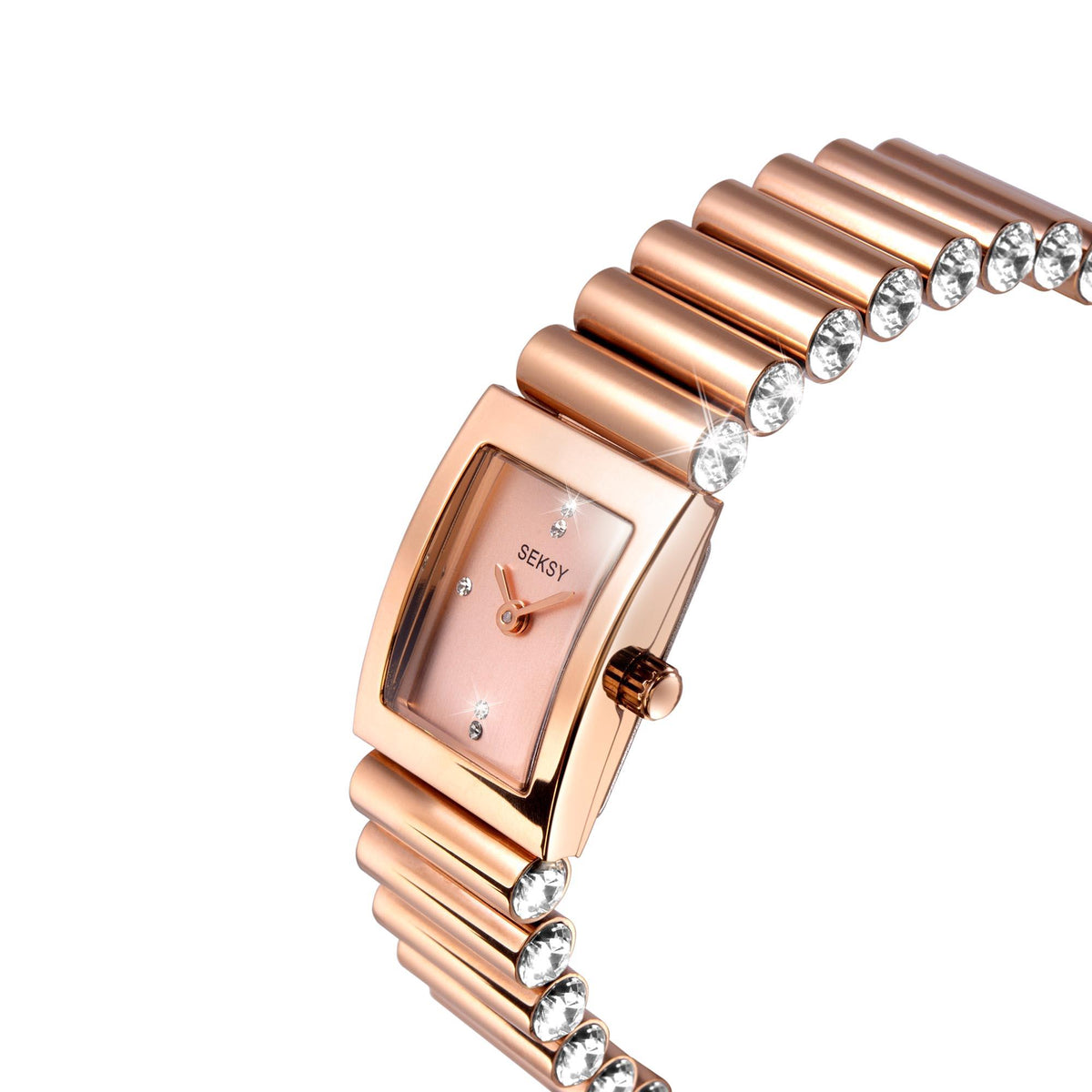 Rose gold ladies quartz watch close-up, square case with crystal accents and bracelet