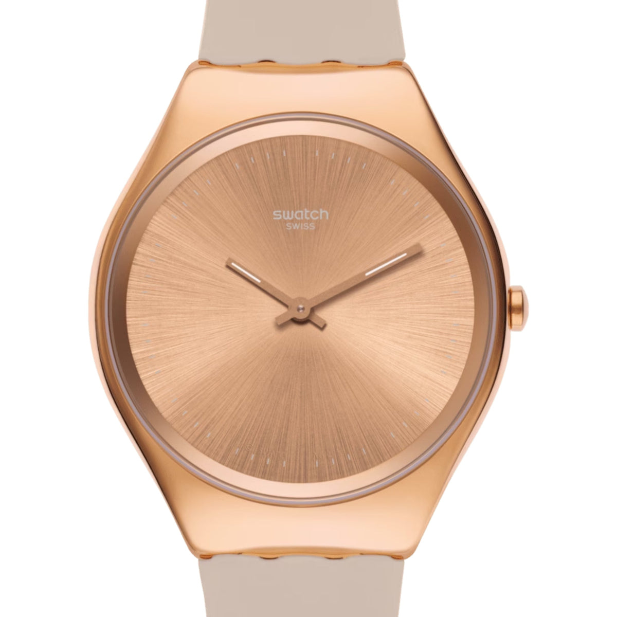 Close-up front view of pink dial ladies silicone strap watch with rose-gold case and three hands