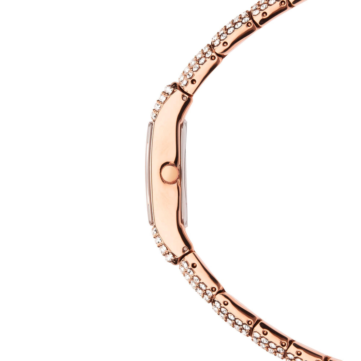 Rose gold watch strap link view with curved profile and rhinestone trim