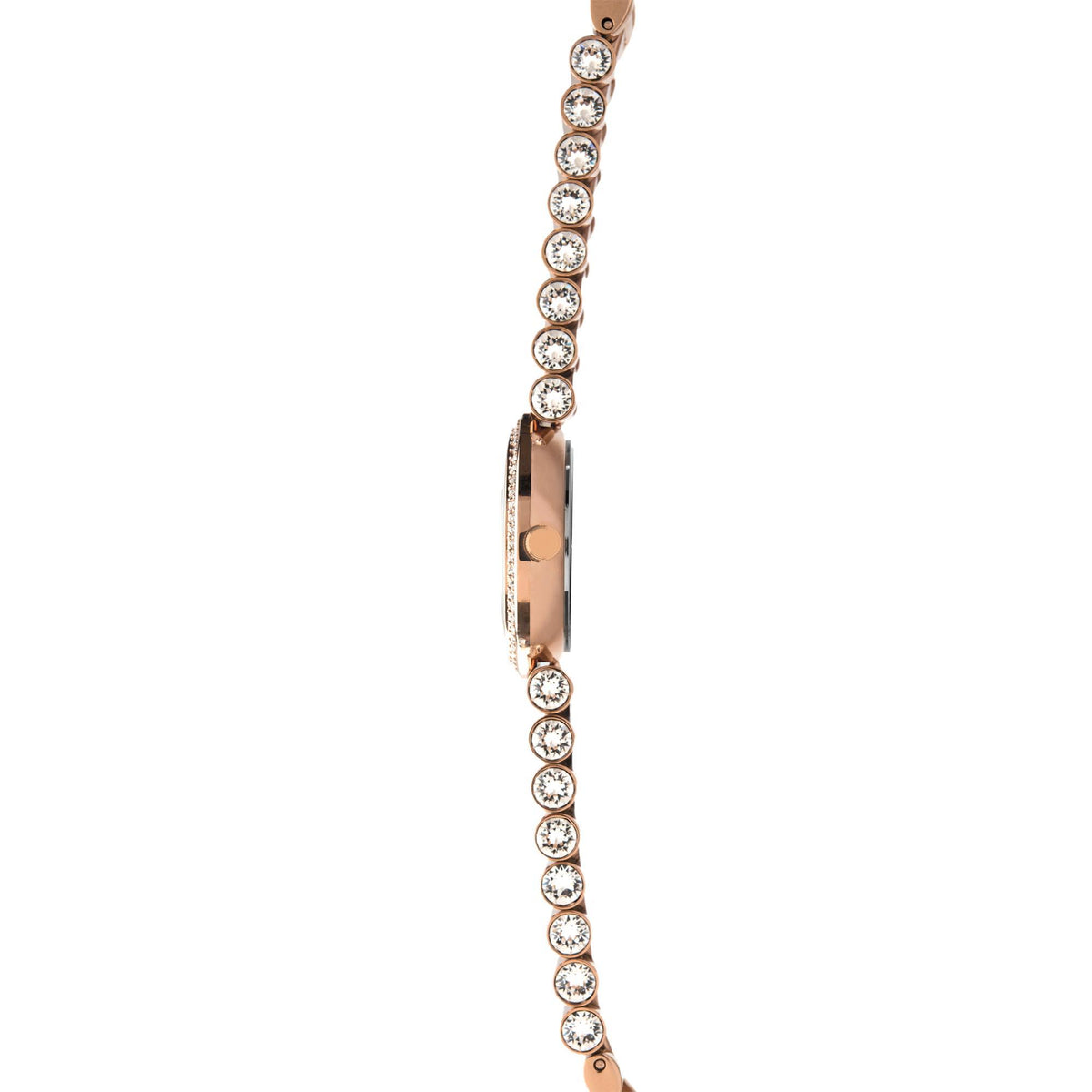 Rose-gold Seksy watch bracelet with a row of round crystal stones and polished metal links