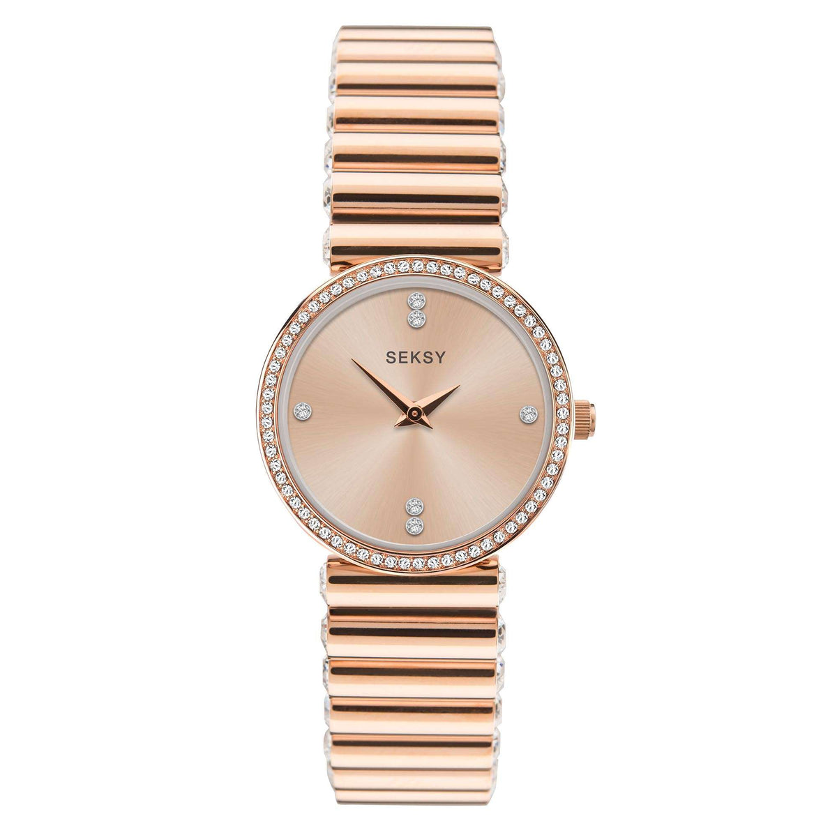 Rose-gold Seksy ladies quartz wristwatch with champagne face, three hands, and link bracelet