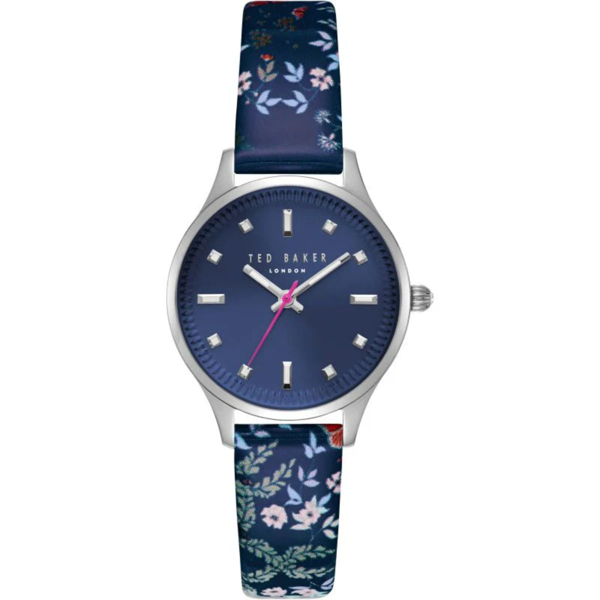Ted Baker ladies quartz wristwatch with blue floral strap, blue dial, silver hands and markers