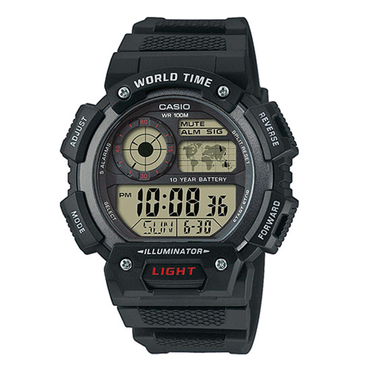 Black resin sport watch with black dial, digital time readout, WORLD TIME bezel