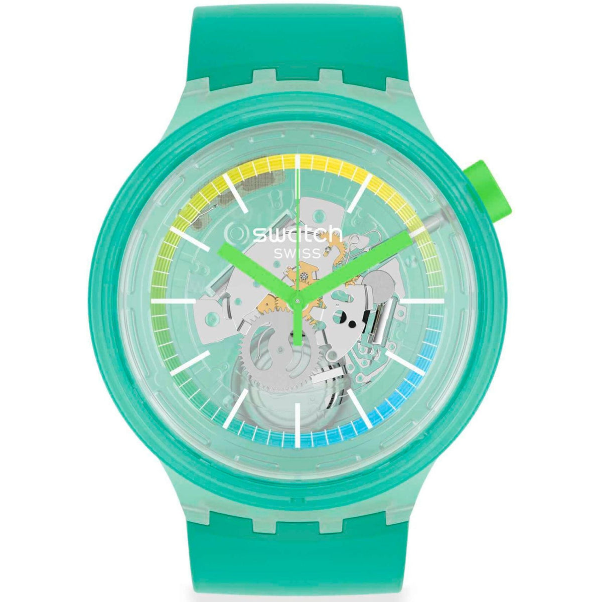 SwatchPAY turquoise skeleton dial quartz watch with green silicone strap and side crown
