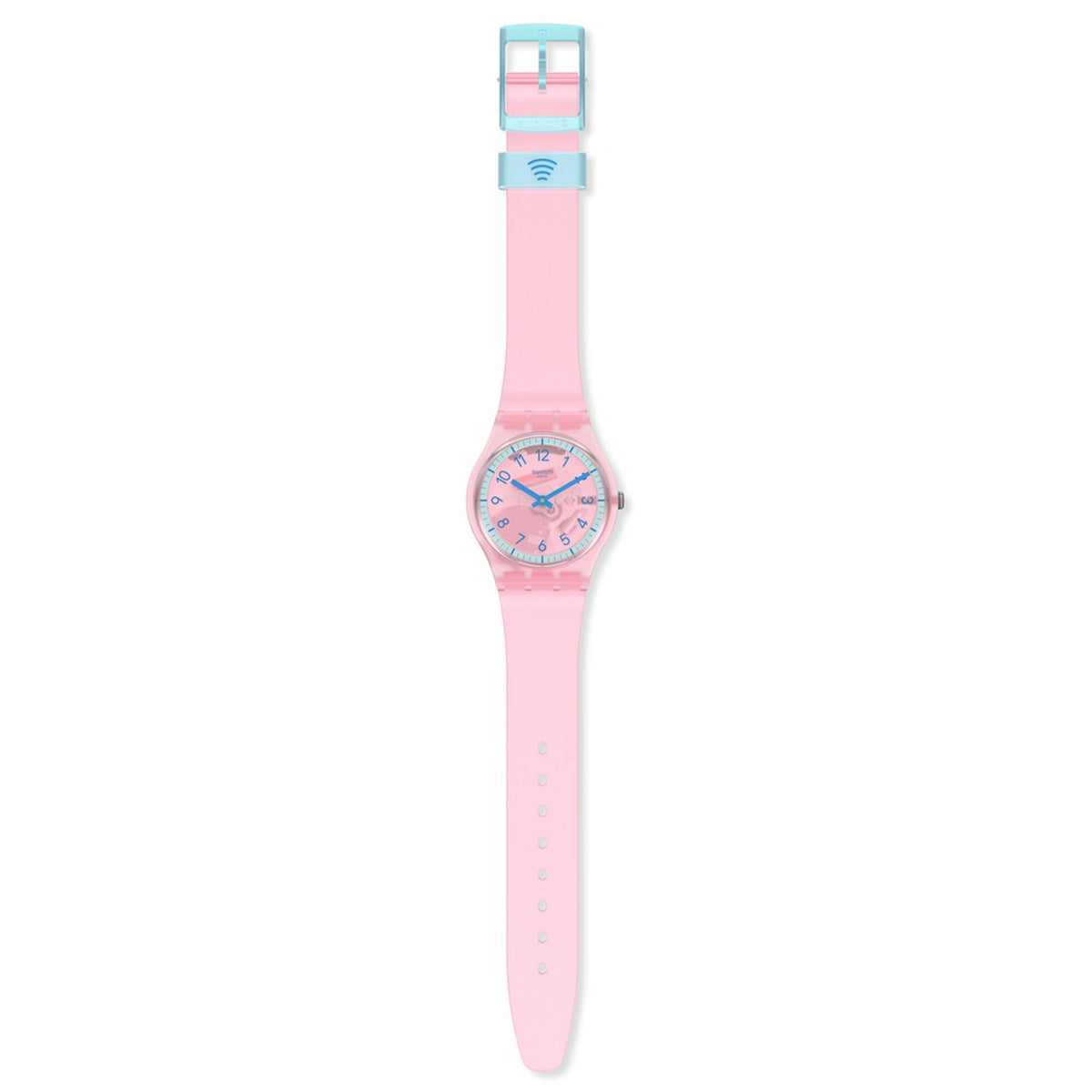 Pink silicone strap watch with small round pink dial and light blue buckle detail