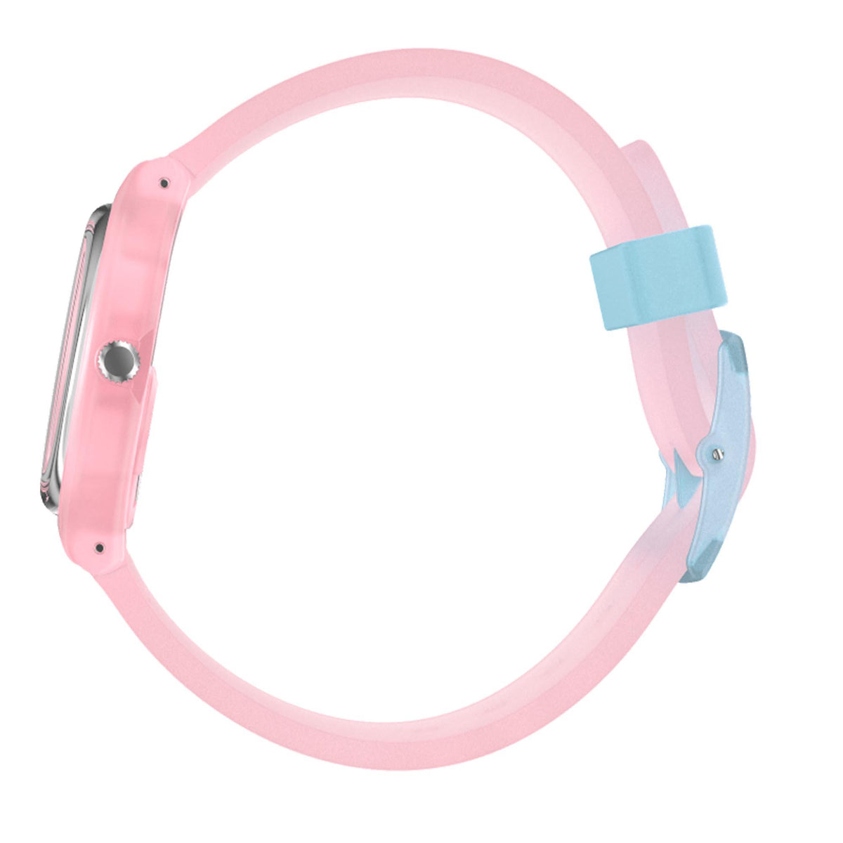 Pink silicone strap watch with light blue clasp and silver-tone case at left side
