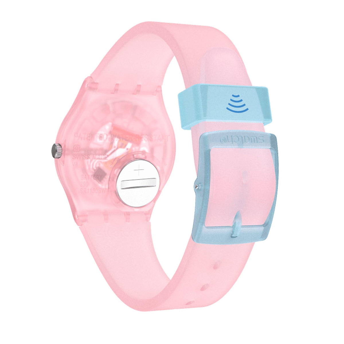 Pink silicone strap watch showing back with light blue module and round silver button