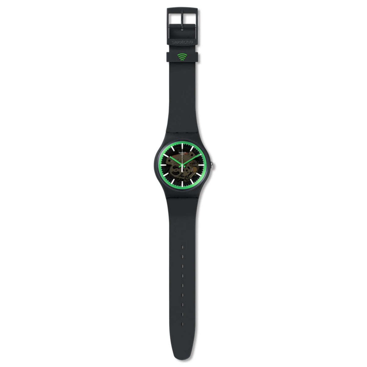 Black silicone watch on strap, small round case, skeleton dial with green ring