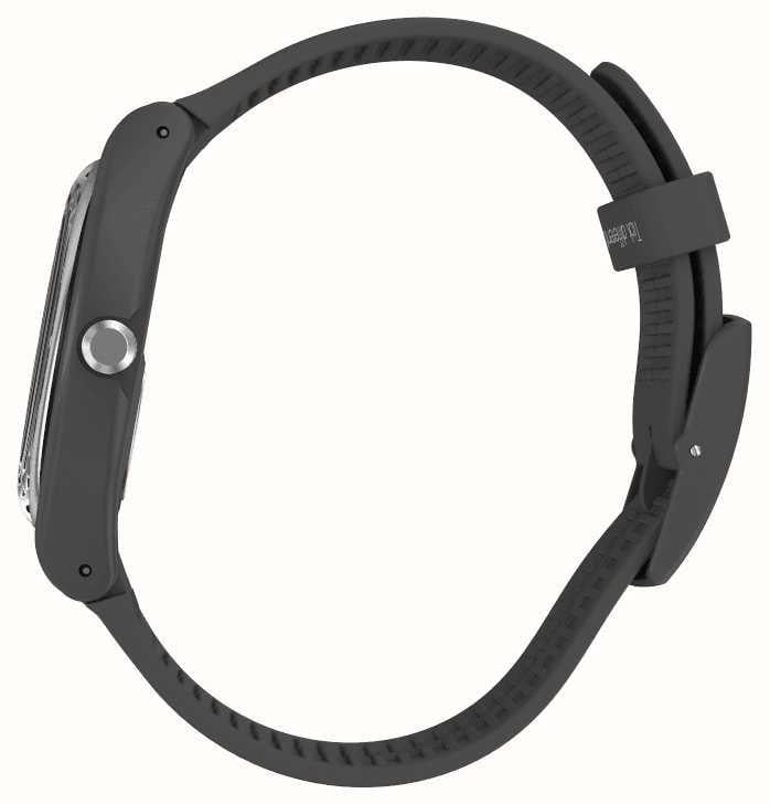Back/side view of black silicone watch with textured strap and round case details