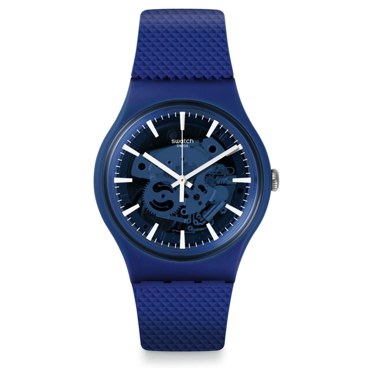 Blue Swatch quartz watch with silicone strap, front view analog skeleton dial