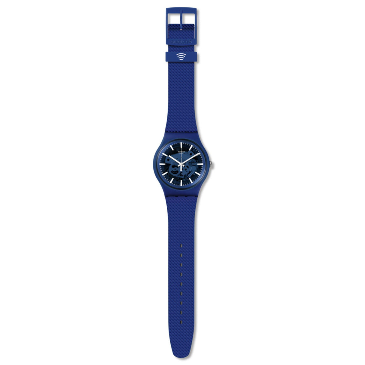 Blue Swatch quartz watch with silicone strap, full length front side view
