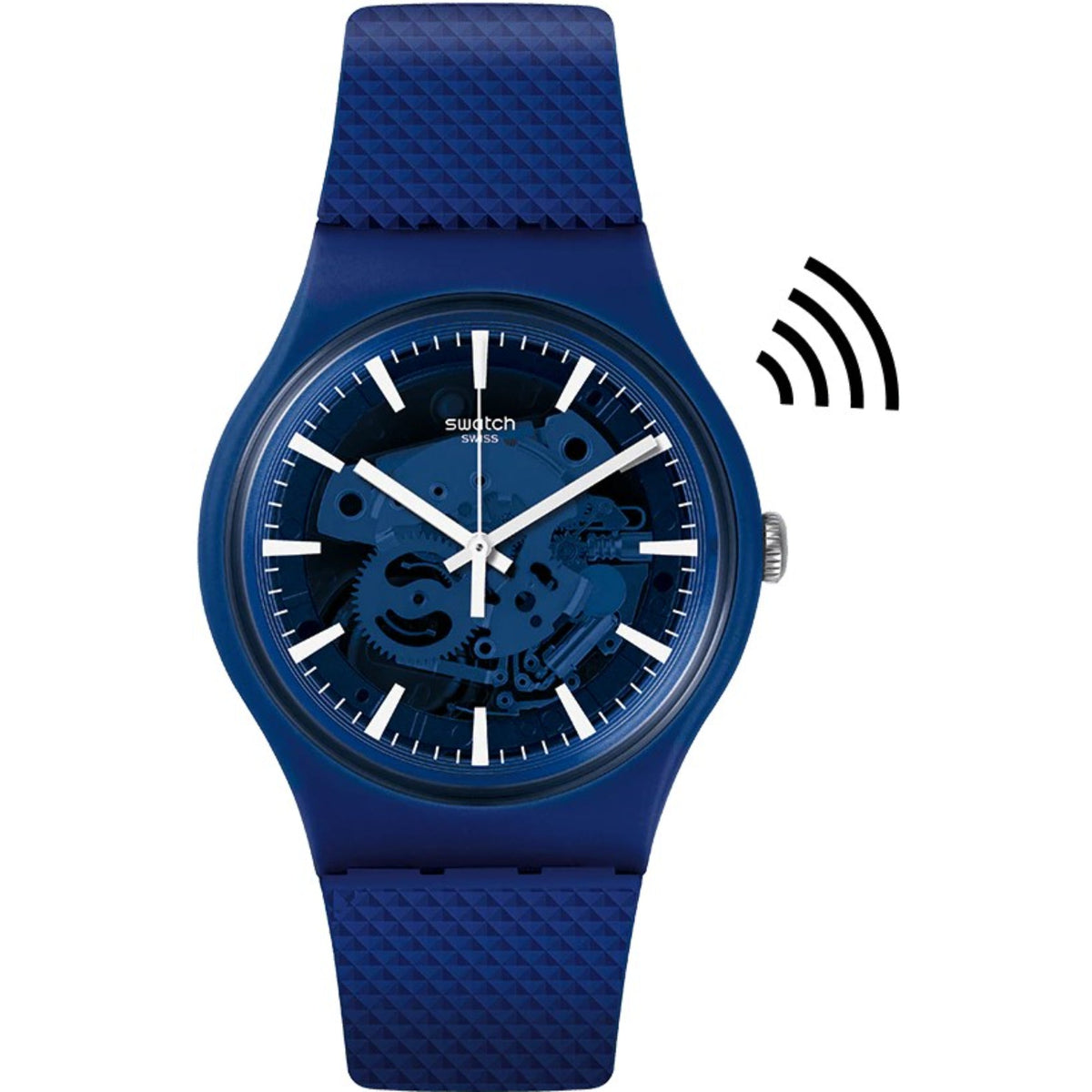 Blue Swatch quartz watch with silicone strap, front view with signal icon