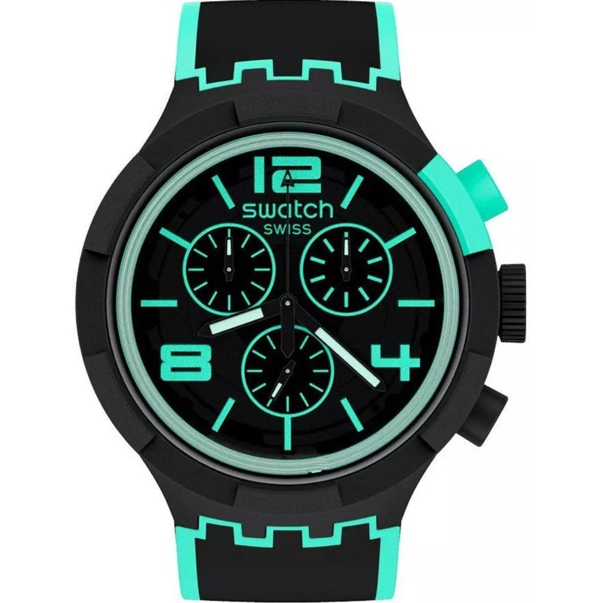 Men's black silicone chronograph watch with aqua-trim black dial, right crown, three subdials