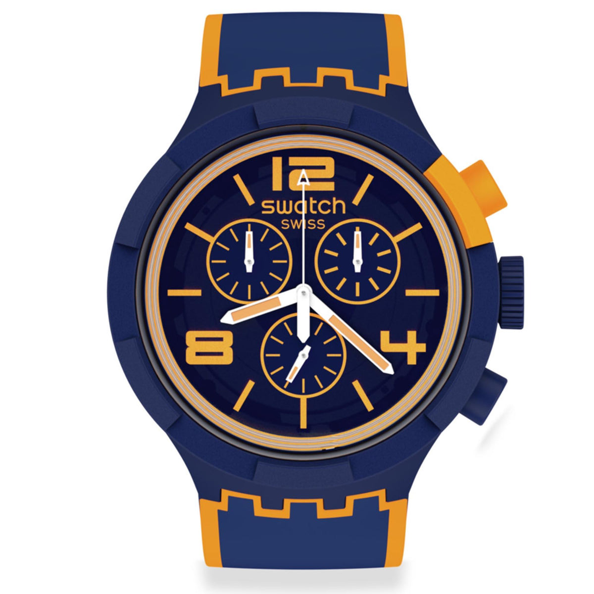 Men's quartz wristwatch with blue silicone strap, orange bezel ring, blue dial with three subdials