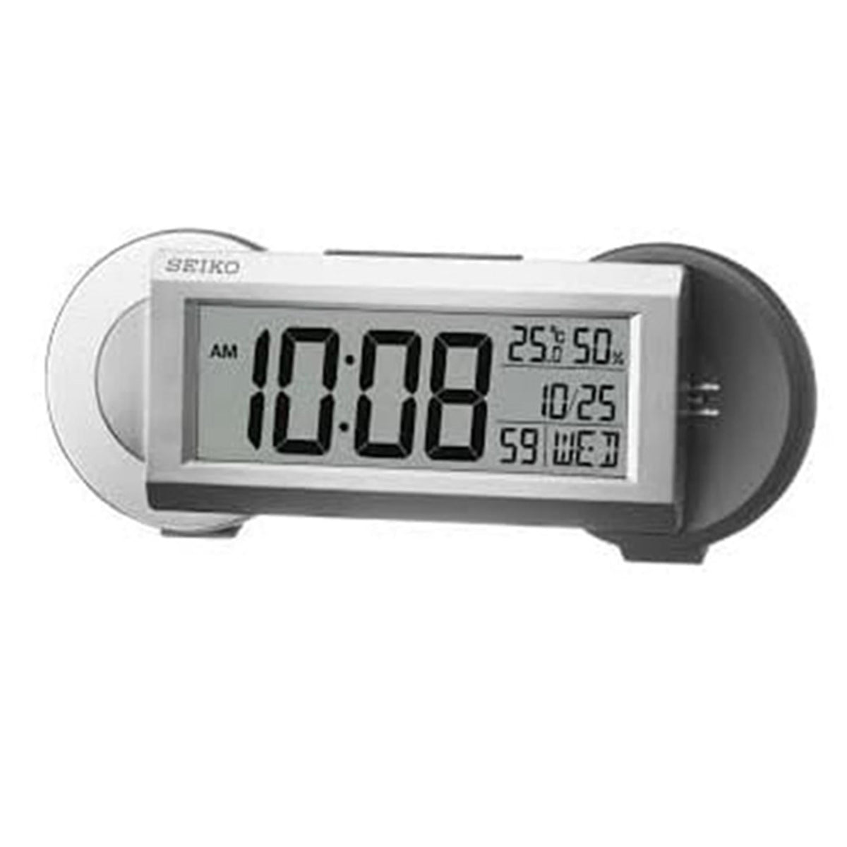 Silver plastic digital alarm clock with black LCD and AM/25°C/date indicators