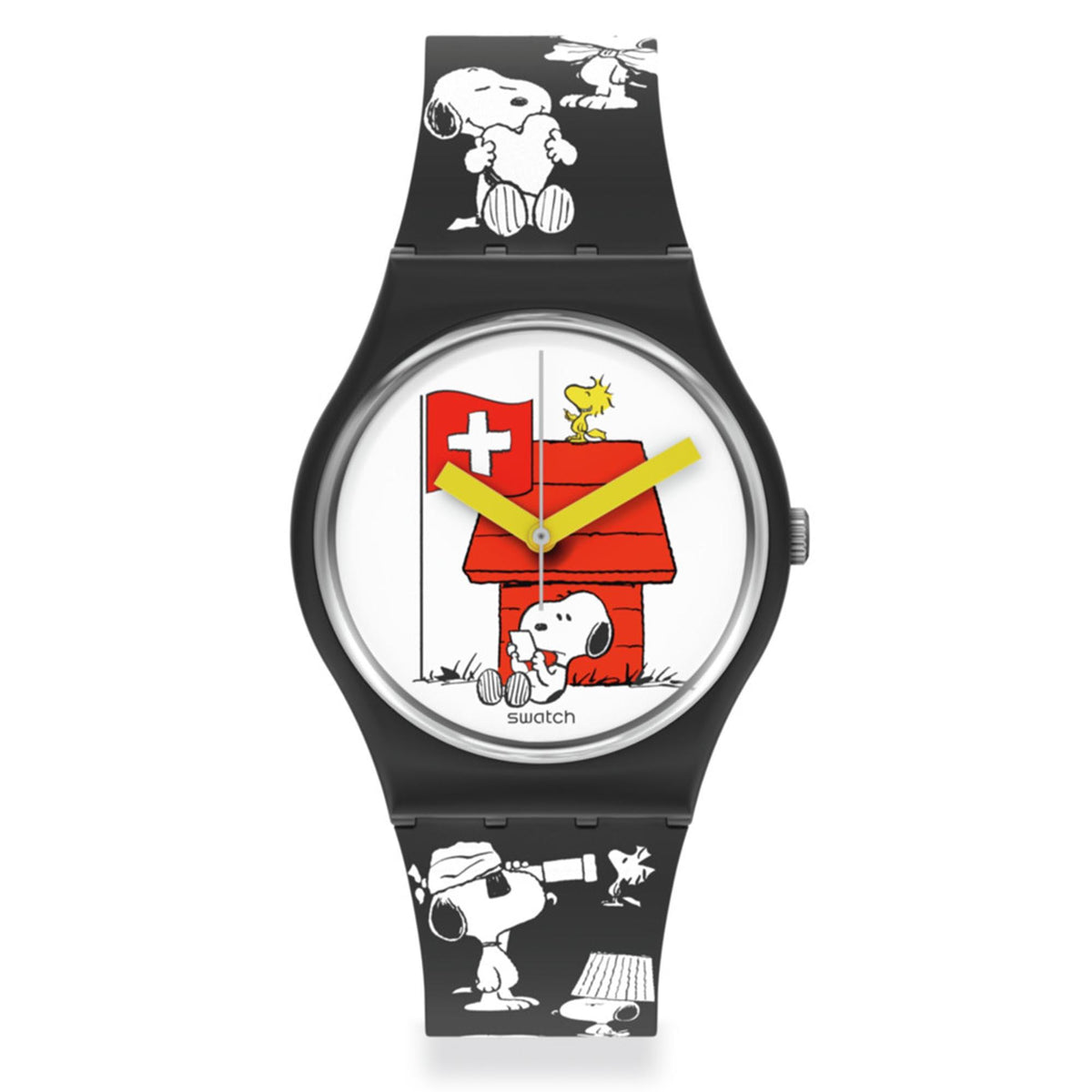 Swatch Peanuts Snoopy silicone watch, white dial featuring Snoopy and Swiss flag
