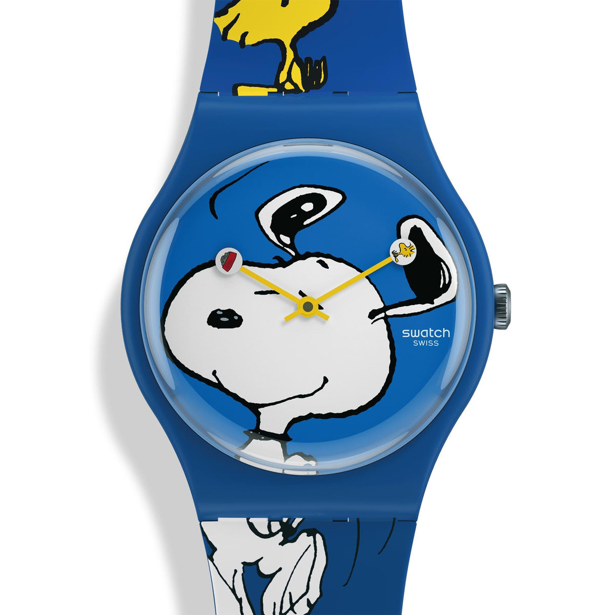 Front view blue silicone strap watch with Snoopy dial and yellow center hands
