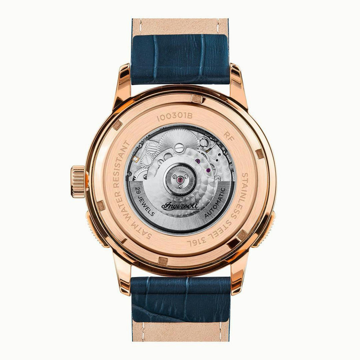 Men's automatic watch, rose-gold case with blue leather strap, engraved see-through back.