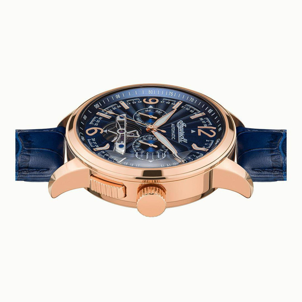 Men's automatic watch, rose-gold case with blue leather strap, front view of blue dial.