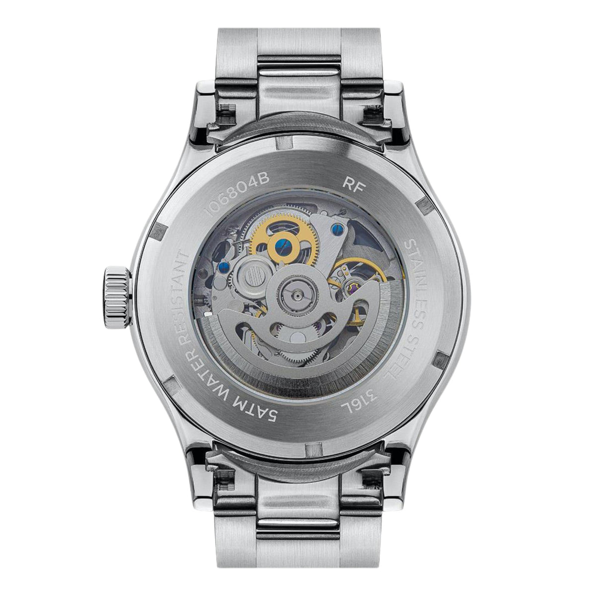 Stainless steel automatic watch with grey dial, visible movement, metal bracelet