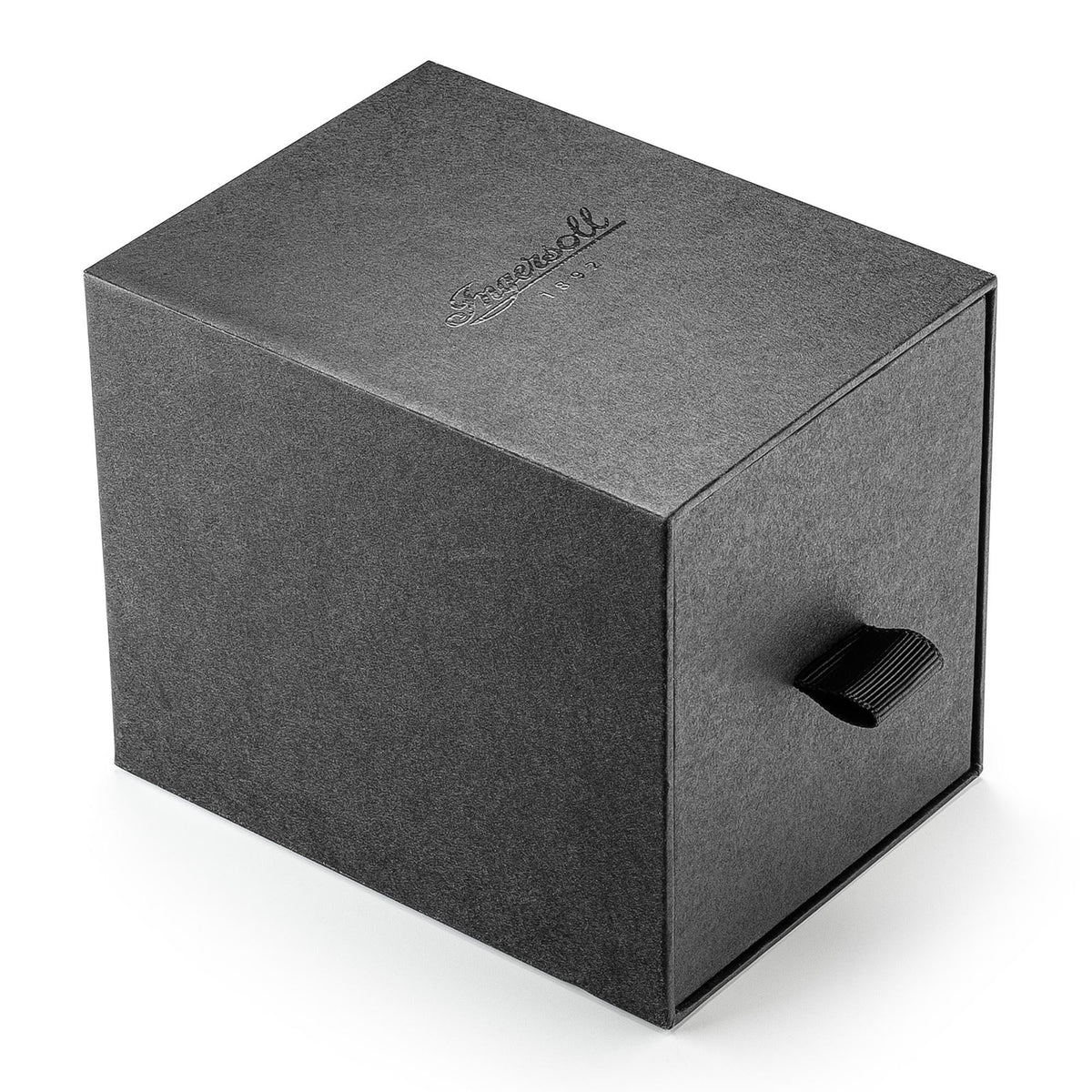 Grey textured watch gift box with engraved brand logo and carry cutout