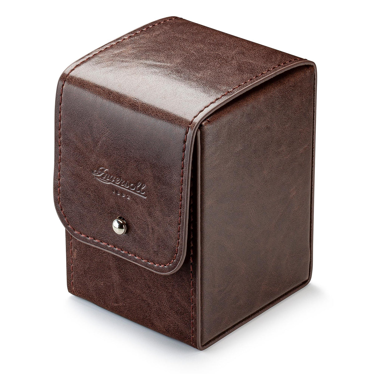 Brown leather watch pouch with top flap and silver-tone snap button, stitched trim