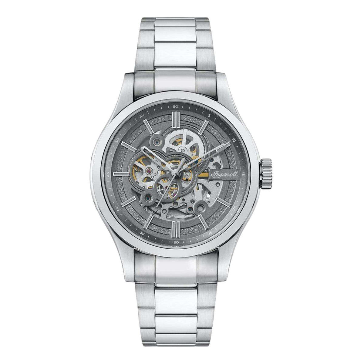 Men's automatic skeleton watch with grey dial, stainless bracelet, crown at right