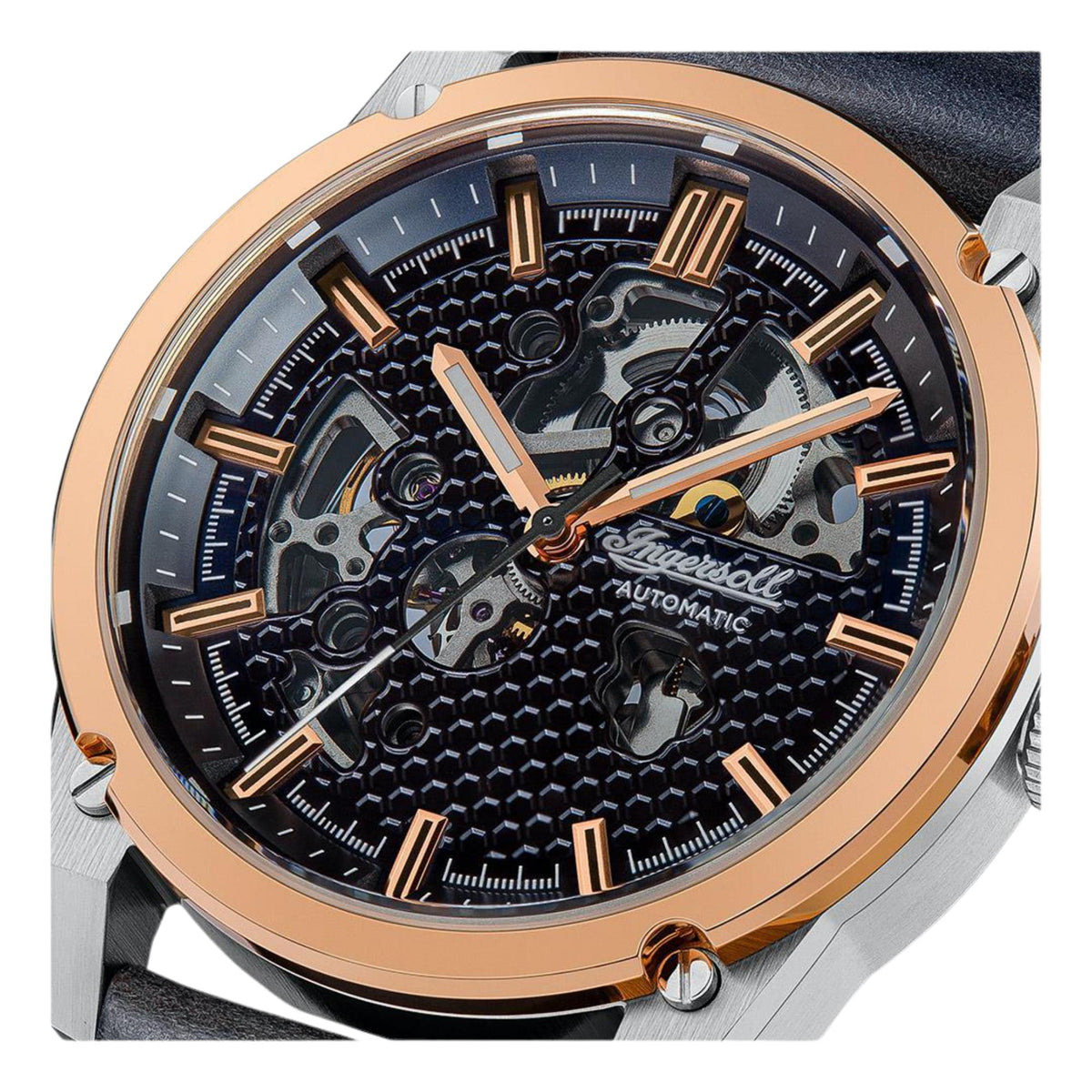 Men's skeleton mechanical watch with rose-gold bezel and dark blue dial, leather strap